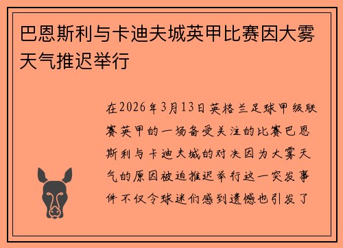 巴恩斯利与卡迪夫城英甲比赛因大雾天气推迟举行 巴恩斯利与卡迪夫城英甲比赛因大雾天气推迟举行