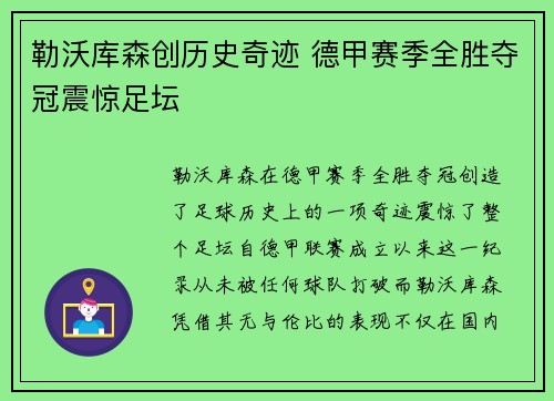 勒沃库森创历史奇迹 德甲赛季全胜夺冠震惊足坛 勒沃库森创历史奇迹 德甲赛季全胜夺冠震惊足坛
